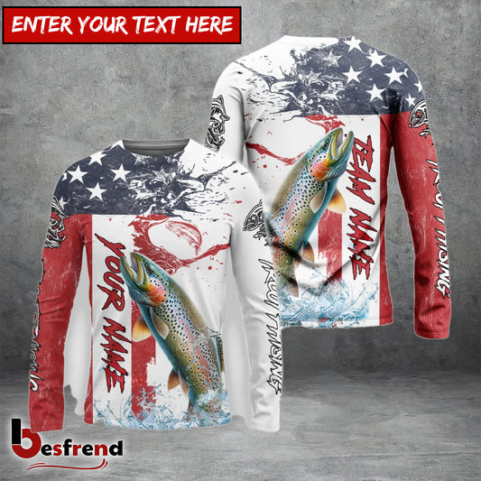 Besfrend Trout Fishing American Flag Red Blue Seawave Custom Name  Team Name 3D Shirts