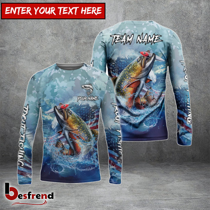 Besfrend Trout Fishing American Flag Seawave Custom Name  Team Name 3D Shirts
