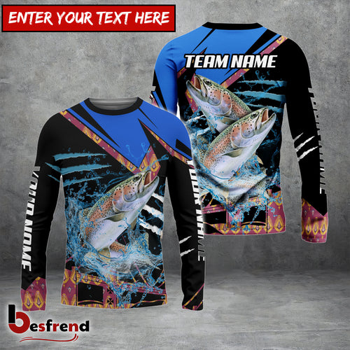 Besfrend Trout Fishing Blue Brocade Pattern Custom Name  Team Name 3D Shirts