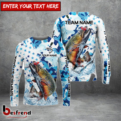 Besfrend Trout Fishing Blue White American Flag Custom Name  Team Name 3D Shirts