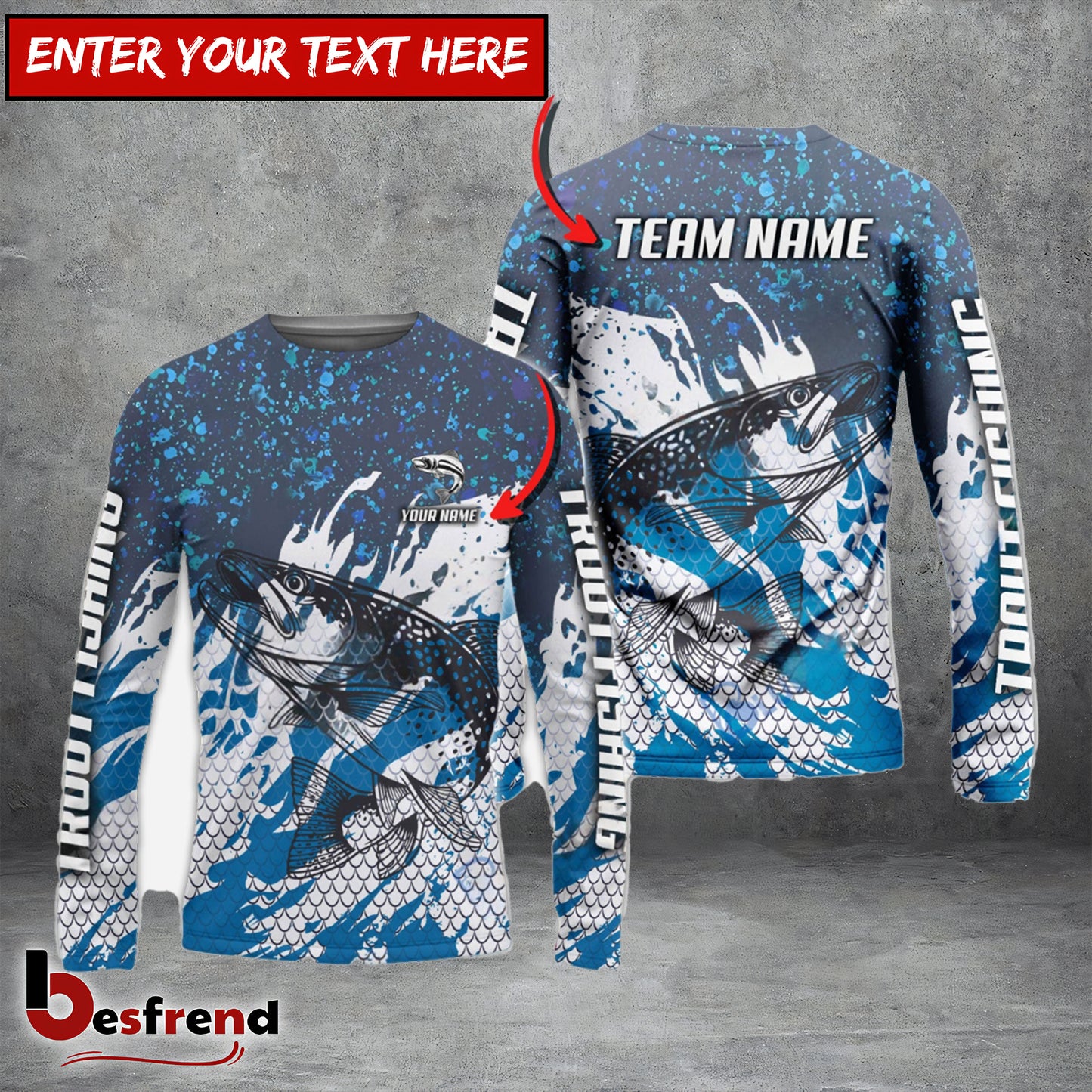 Besfrend Trout Fishing Bluefin Sport Custom Name  Team Name 3D Shirts