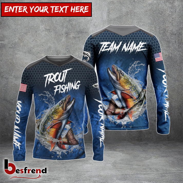 Besfrend Trout Fishing Dark Blue American Sport Custom Name  Team Name 3D Shirts