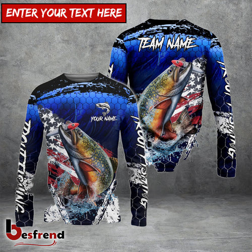 Besfrend Trout Fishing Dark Blue Scratch American Flag scratch Sport Custom Name  Team Name 3D Shirts