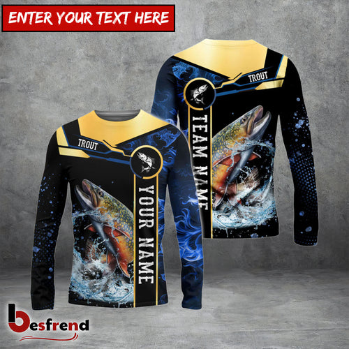 Besfrend Trout Fishing Golden With Blue Flame Pattern Custom Name  Team Name 3D Shirts