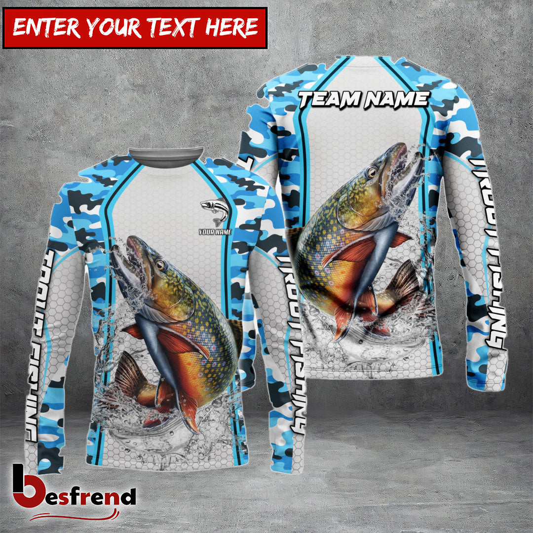 Besfrend Trout Fishing Light Blue Camo Sport Custom Name  Team Name 3D Shirts