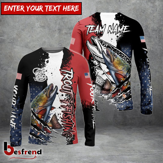 Besfrend Trout Fishing Paint Scratch American Flag scratch Sport Custom Name  Team Name 3D Shirts