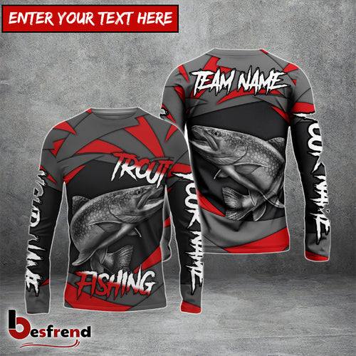 Besfrend Trout Fishing Red Gray Spinning Pattern Custom Name  Team Name 3D Shirts
