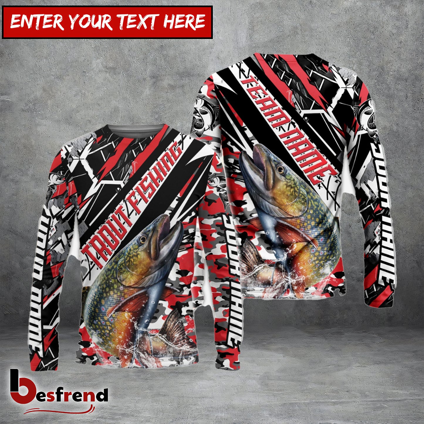 Besfrend Trout Fishing Red Grunge Camo Custom Name  Team Name 3D Shirts