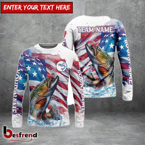 Besfrend Trout Fishing Watercolor USA Flag Custom Name  Team Name Shirts