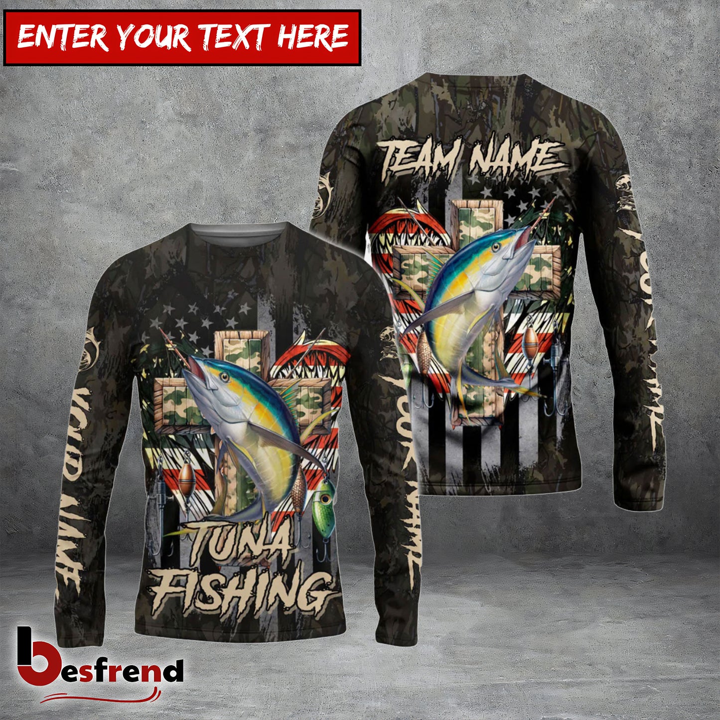 Besfrend Tuna Fishing American Flag Camo Cross Gear Custom Name  Team Name 3D Shirts