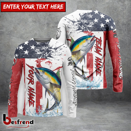 Besfrend Tuna Fishing American Flag Red Blue Seawave Custom Name  Team Name 3D Shirts