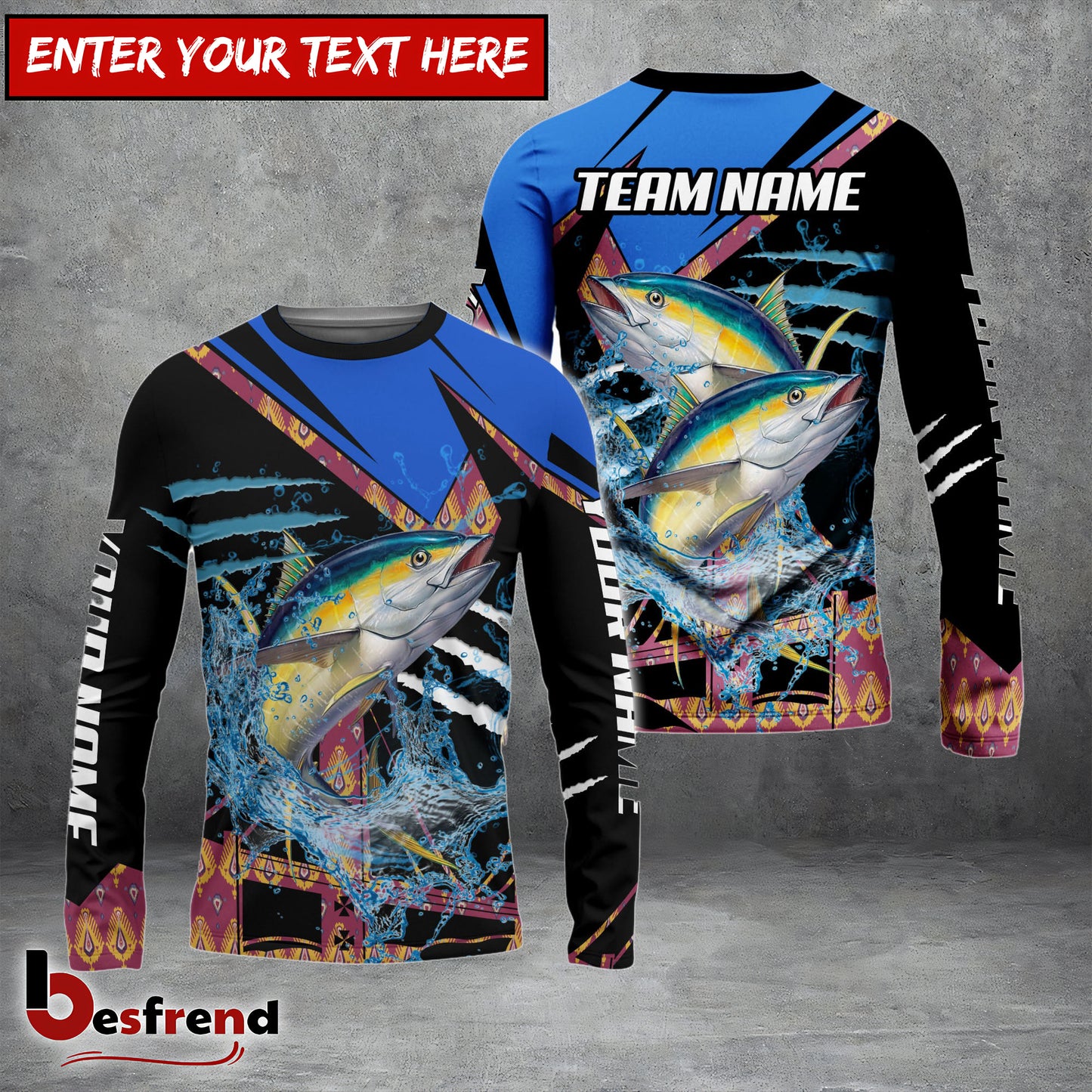 Besfrend Tuna Fishing Blue Brocade Pattern Custom Name  Team Name 3D Shirts