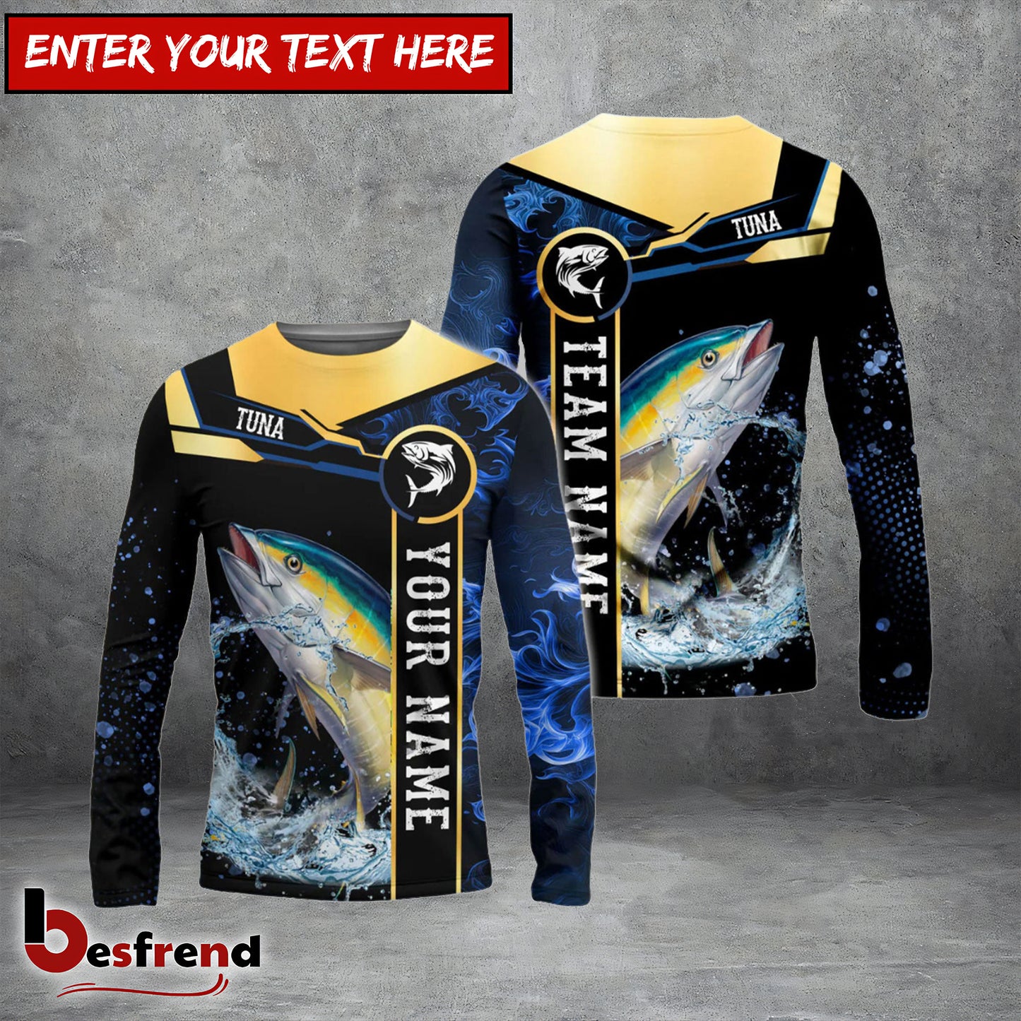 Besfrend Tuna Fishing Golden With Blue Flame Pattern Custom Name  Team Name 3D Shirts