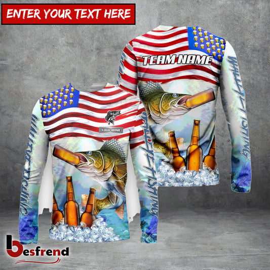 Besfrend Walleye Fishing American Flag Beer Custom Name  Team Name 3D Shirts
