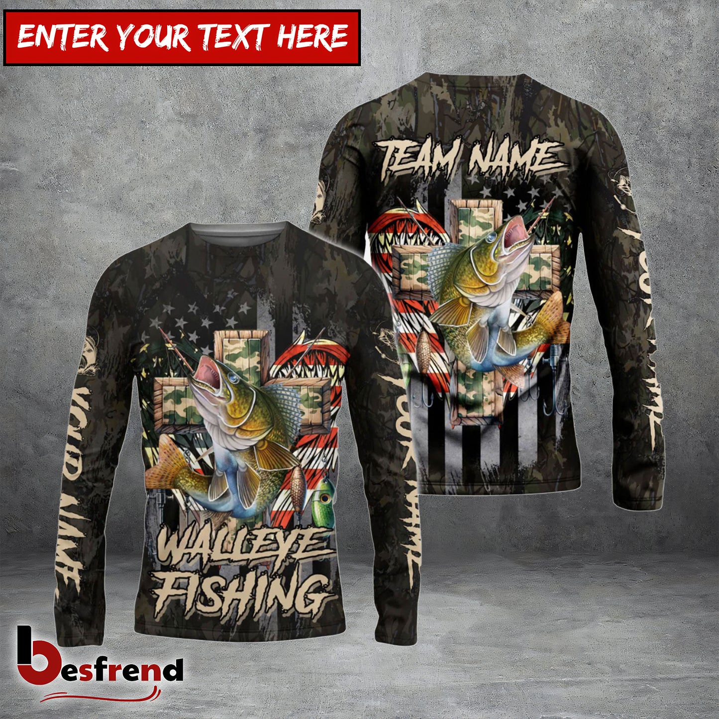 Besfrend Walleye Fishing American Flag Camo Cross Gear Custom Name  Team Name 3D Shirts