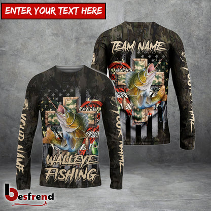Besfrend Walleye Fishing American Flag Camo Cross Gear Custom Name  Team Name 3D Shirts