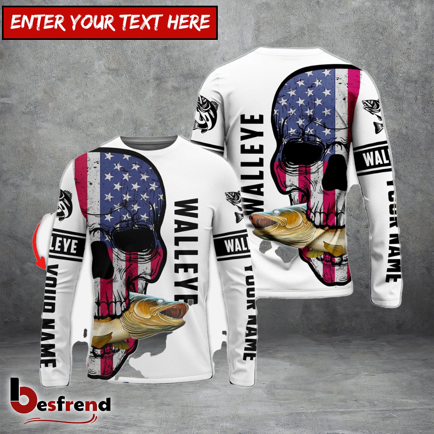 Besfrend Walleye Fishing American Flag Fish Reaper Custom Name 3D Shirts