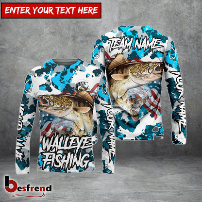 Besfrend Walleye Fishing American Flag Light Blue Camo Custom Name  Team Name 3D Shirts