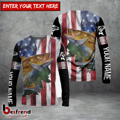 Besfrend Walleye Fishing American Flag Patriotic Fourth Of July Personalized Walleye Long Sleeve Fishing Shirts