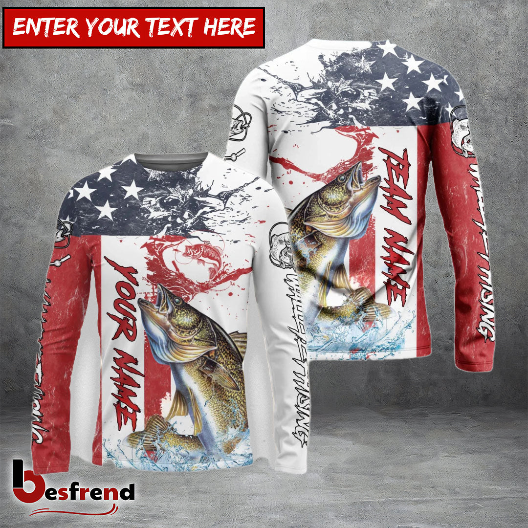 Besfrend Walleye Fishing American Flag Red Blue Seawave Custom Name  Team Name 3D Shirts