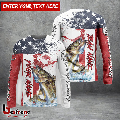 Besfrend Walleye Fishing American Flag Red Blue Seawave Custom Name  Team Name 3D Shirts