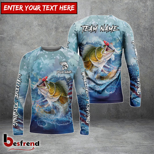 Besfrend Walleye Fishing American Flag Seawave Custom Name  Team Name 3D Shirts
