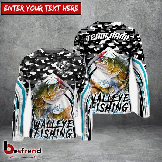 Besfrend Walleye Fishing Black Camo Sport Custom Name  Team Name 3D Shirts