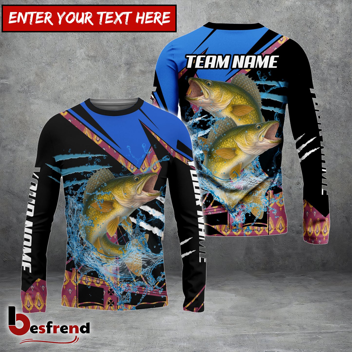 Besfrend Walleye Fishing Blue Brocade Pattern Custom Name  Team Name 3D Shirts