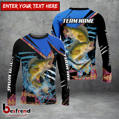 Besfrend Walleye Fishing Blue Brocade Pattern Custom Name  Team Name 3D Shirts