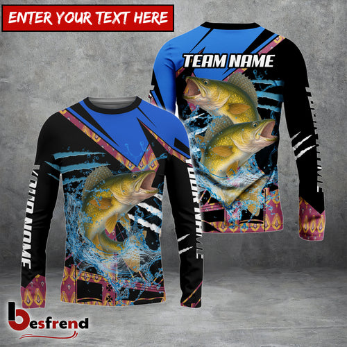Besfrend Walleye Fishing Blue Brocade Pattern Custom Name  Team Name 3D Shirts