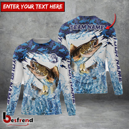 Besfrend Walleye Fishing Blue Camo Clear Water Custom Name  Team Name 3D Shirts
