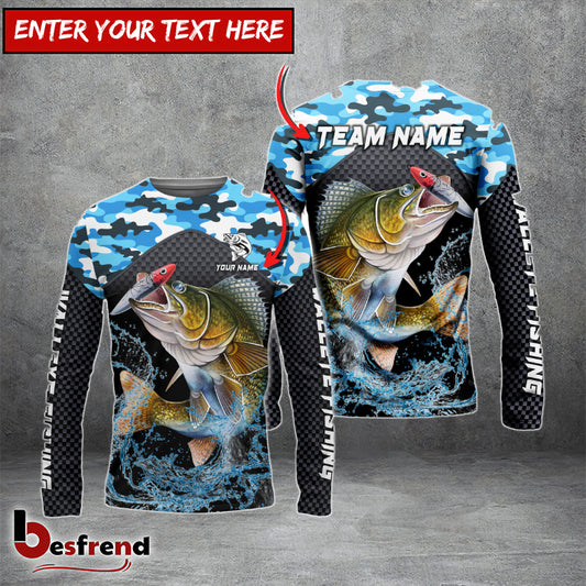 Besfrend Walleye Fishing Blue Camo Sport Custom Name  Team Name 3D Shirts