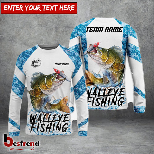 Besfrend Walleye Fishing Blue Camo White Pattern Sport Custom Name  Team Name 3D Shirts