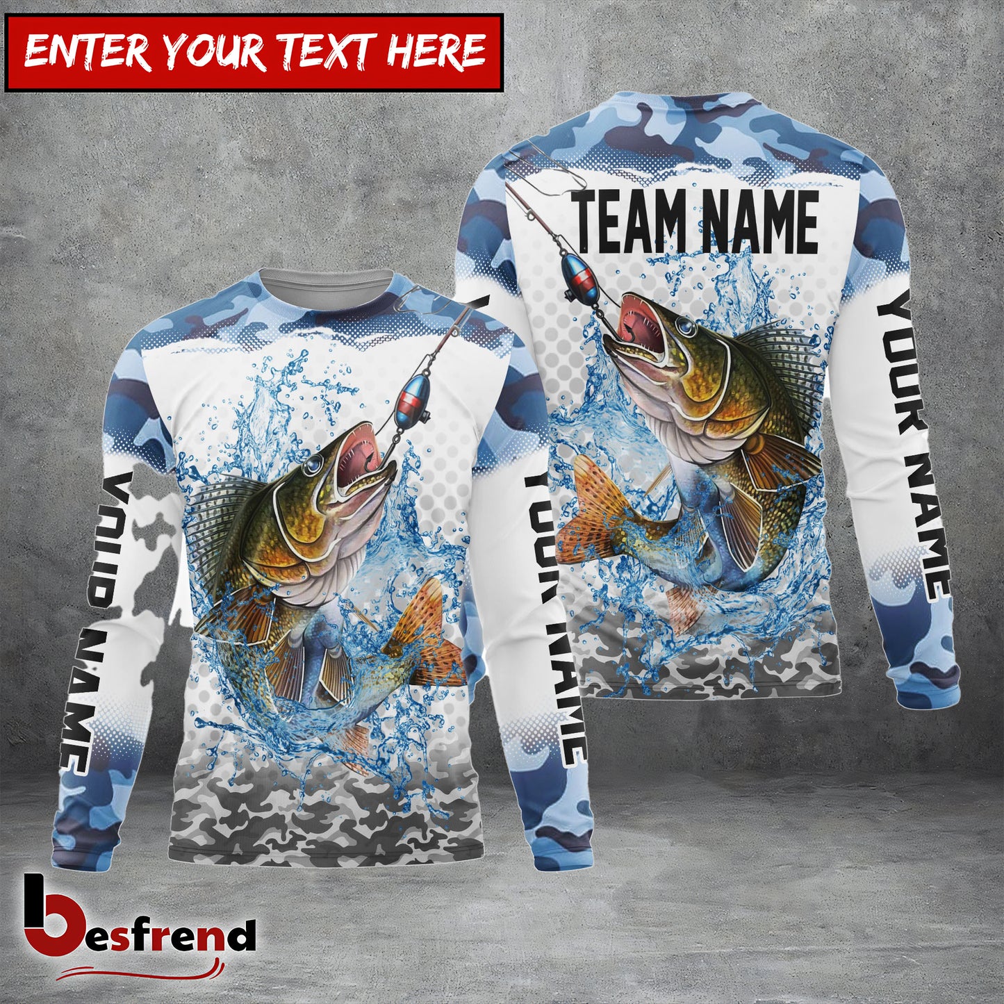 Besfrend Walleye Fishing Blue Sea Custom Name  Team Name 3D Shirts