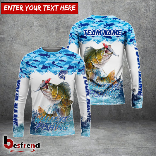 Besfrend Walleye Fishing Blue Water Camo Custom Name  Team Name 3D Shirts