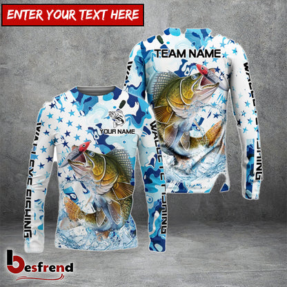Besfrend Walleye Fishing Blue White American Flag Custom Name  Team Name 3D Shirts