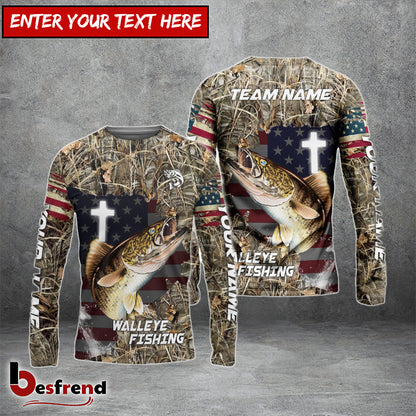 Besfrend Walleye Fishing Cross Camo Custom Name  Team Name 3D Shirts