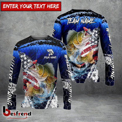 Besfrend Walleye Fishing Dark Blue Scratch American Flag scratch Sport Custom Name  Team Name 3D Shirts