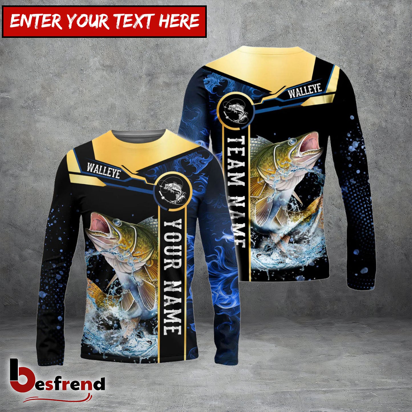 Besfrend Walleye Fishing Golden With Blue Flame Pattern Custom Name  Team Name 3D Shirts