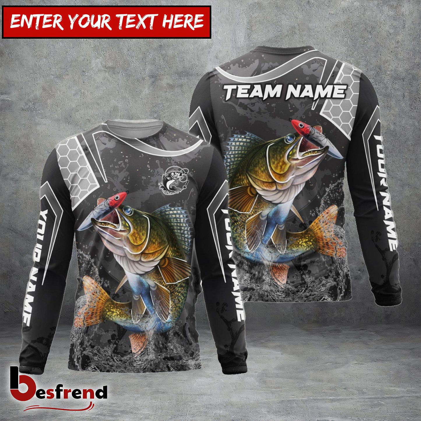 Besfrend Walleye Fishing Gray Camo Sport Custom Name  Team Name 3D Shirts