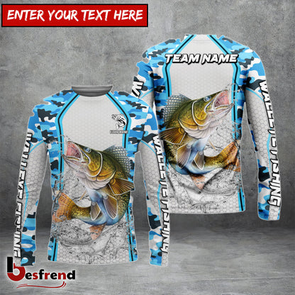 Besfrend Walleye Fishing Light Blue Camo Sport Custom Name  Team Name 3D Shirts