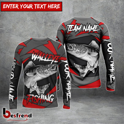 Besfrend Walleye Fishing Red Gray Spinning Pattern Custom Name  Team Name 3D Shirts
