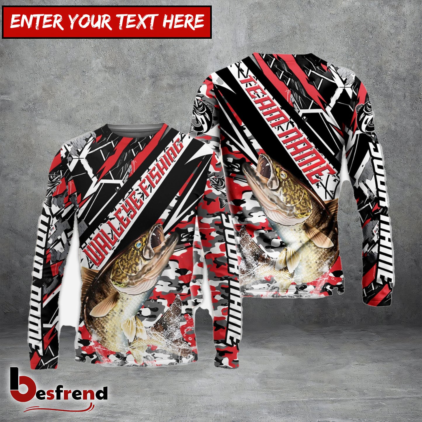 Besfrend Walleye Fishing Red Grunge Camo Custom Name  Team Name 3D Shirts