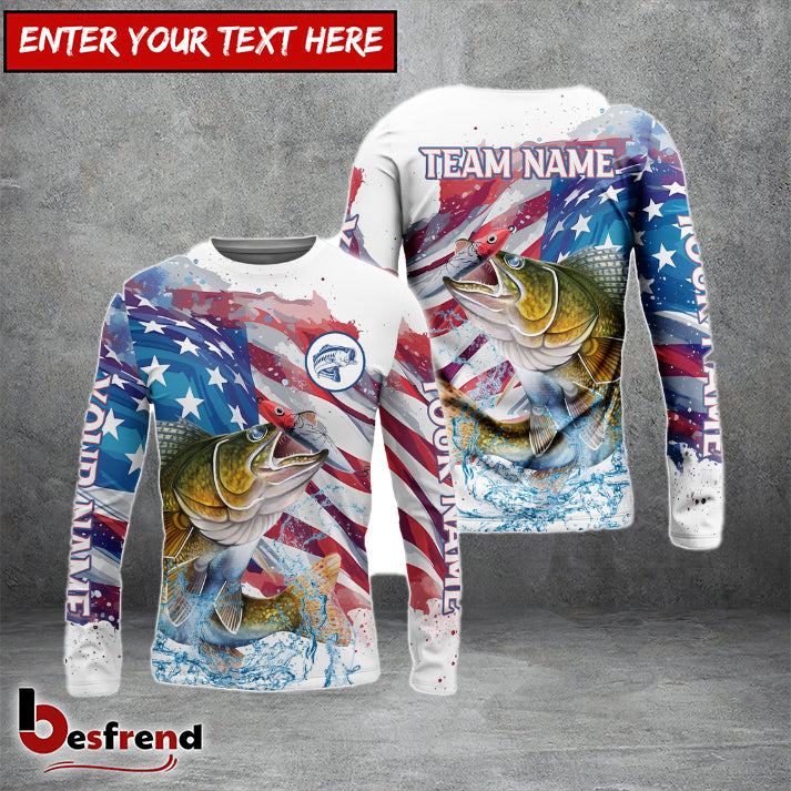 Besfrend Walleye Fishing Watercolor USA Flag Custom Name  Team Name Shirts