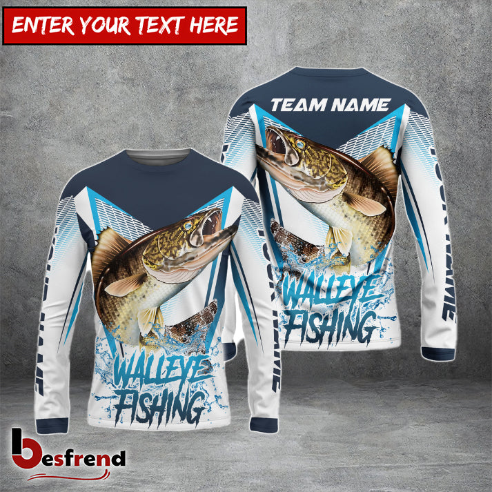 Besfrend Walleye Fishing White Blue Camo Sport Custom Name  Team Name 3D Shirts