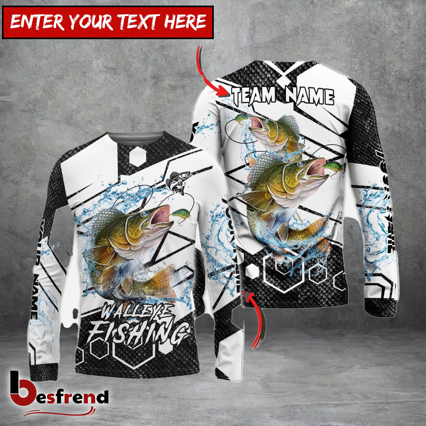 Besfrend Walleye Fishing White Gray Black Hexagon Sport Custom Name  Team Name 3D Shirts