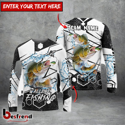 Besfrend Walleye Fishing White Gray Black Hexagon Sport Custom Name  Team Name 3D Shirts