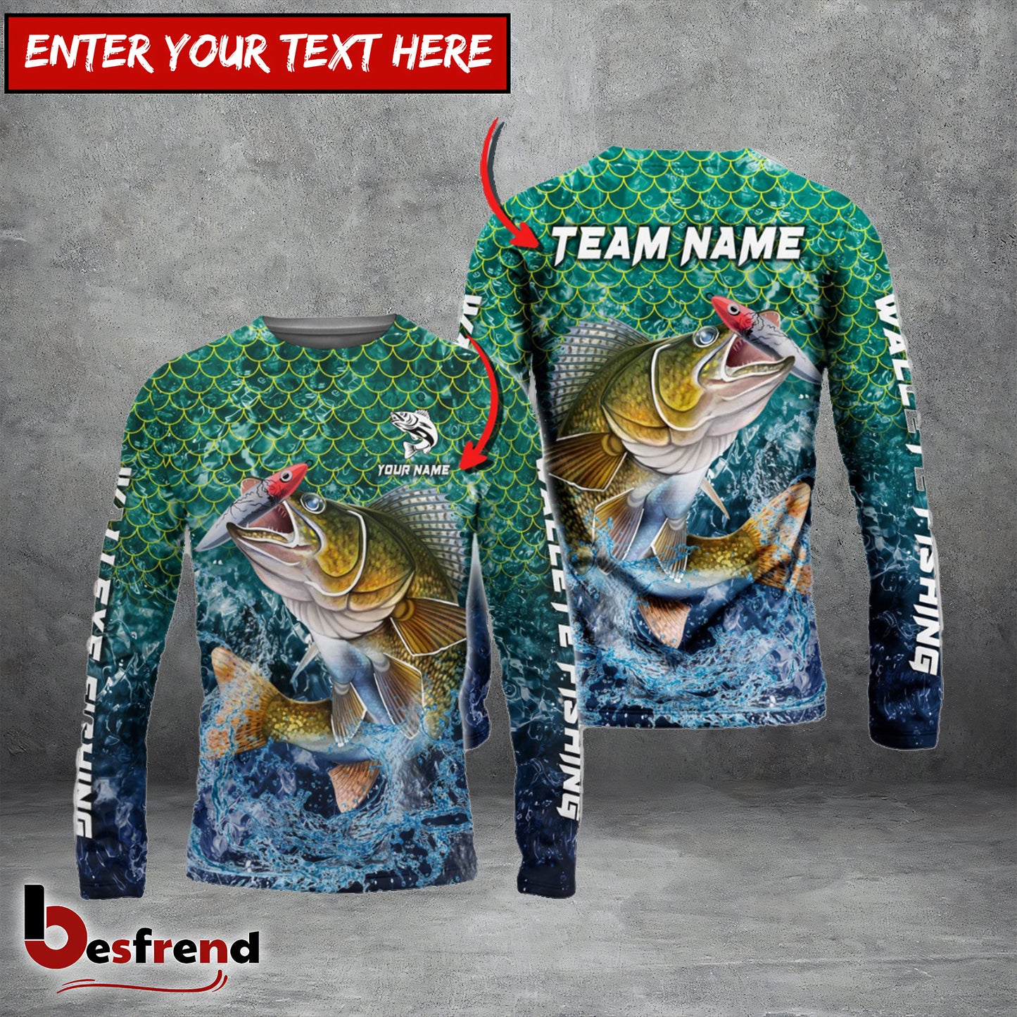 Besfrend Walleye Fishing Yellow Fin Sport Custom Name  Team Name 3D Shirts