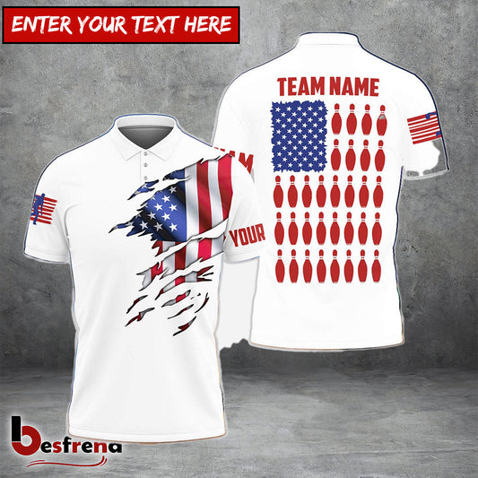Besfrend White American Flag Bowling Pins Customized Name Team Name 3D Shirt