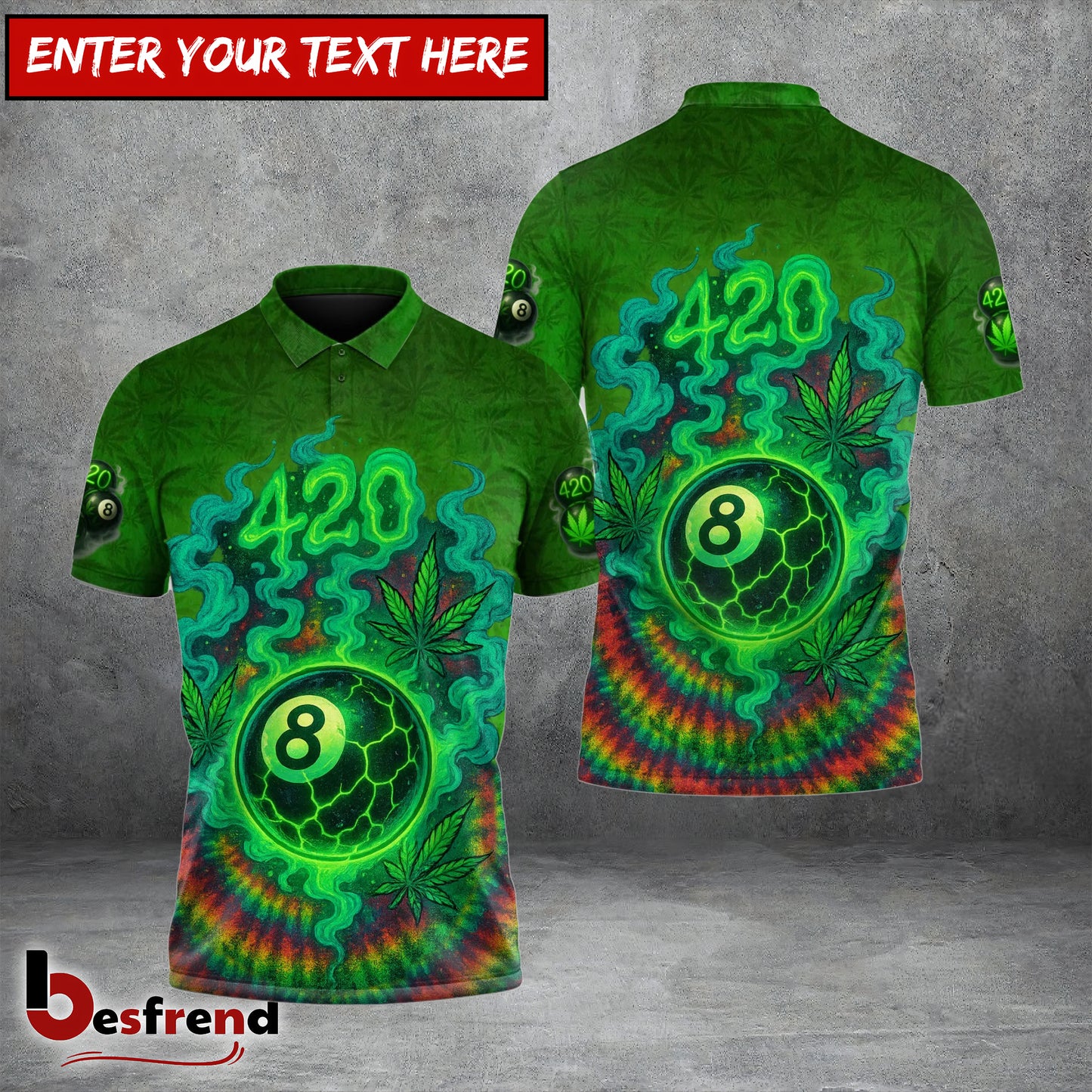 Besfrend  420 Billiards Custom Polo – Green Tie Dye Smokin’ 8 Ball Pool Shirt